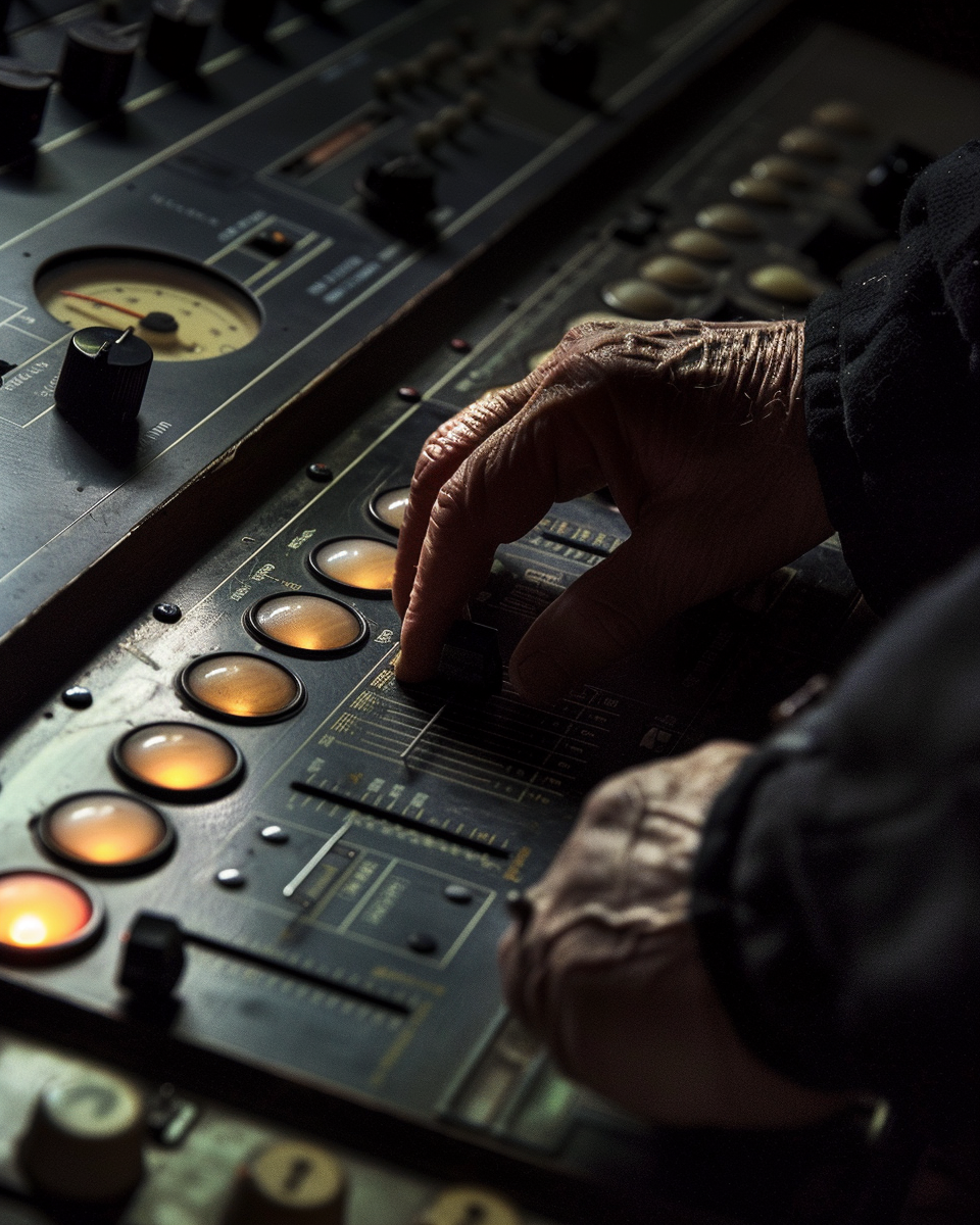 Hand an Regler auf 70er-Jahre Drummaschine in Schwarz-Weiß