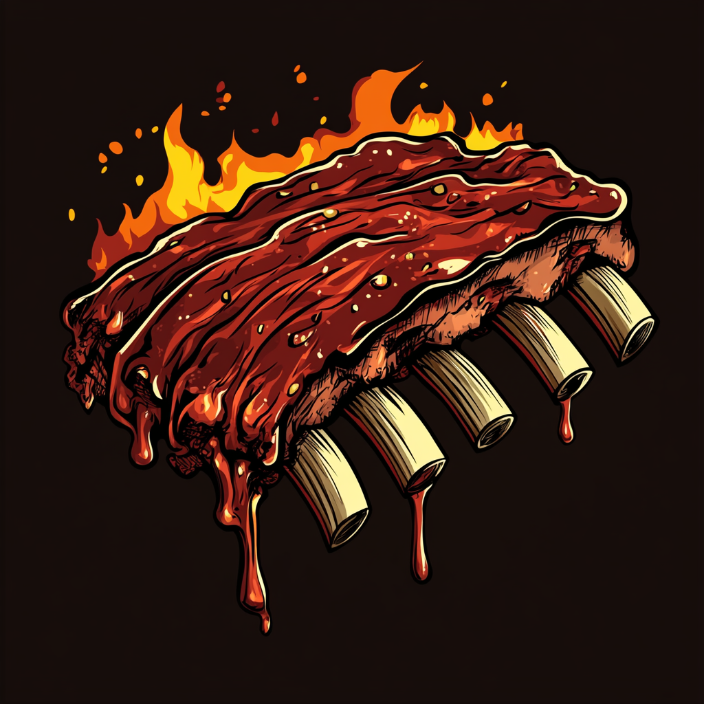 Hand drawn BBQ ribs with sauce, fire, and flames.