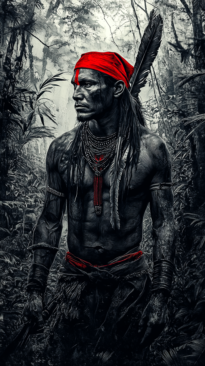 Hand drawn image of Brazilian native in forest.