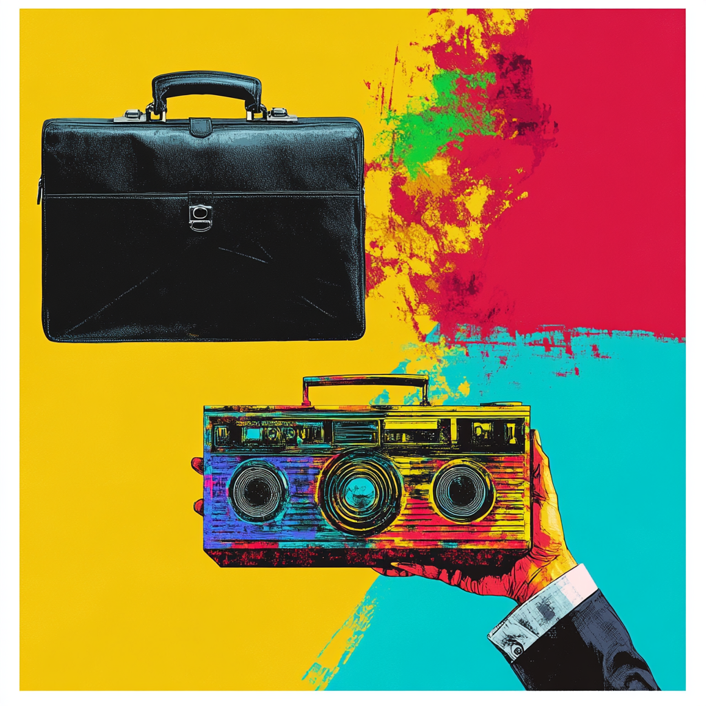 Hand holds black briefcase and retro boombox