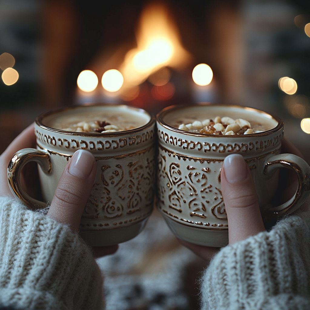 Hands Holding Mugs by Fireplace: Cozy Winter Scene