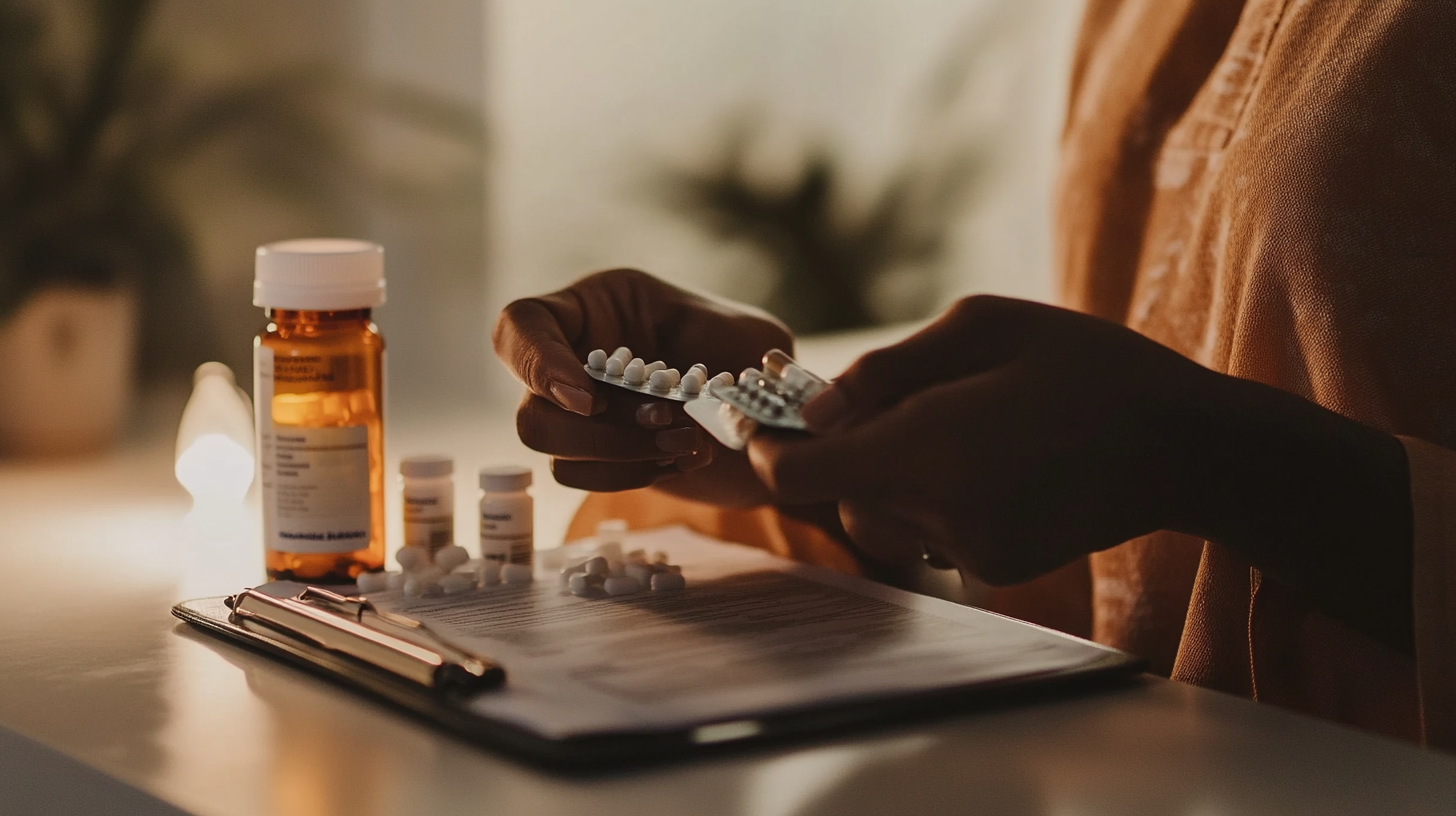 Hands holding pills and clipboard for medical care