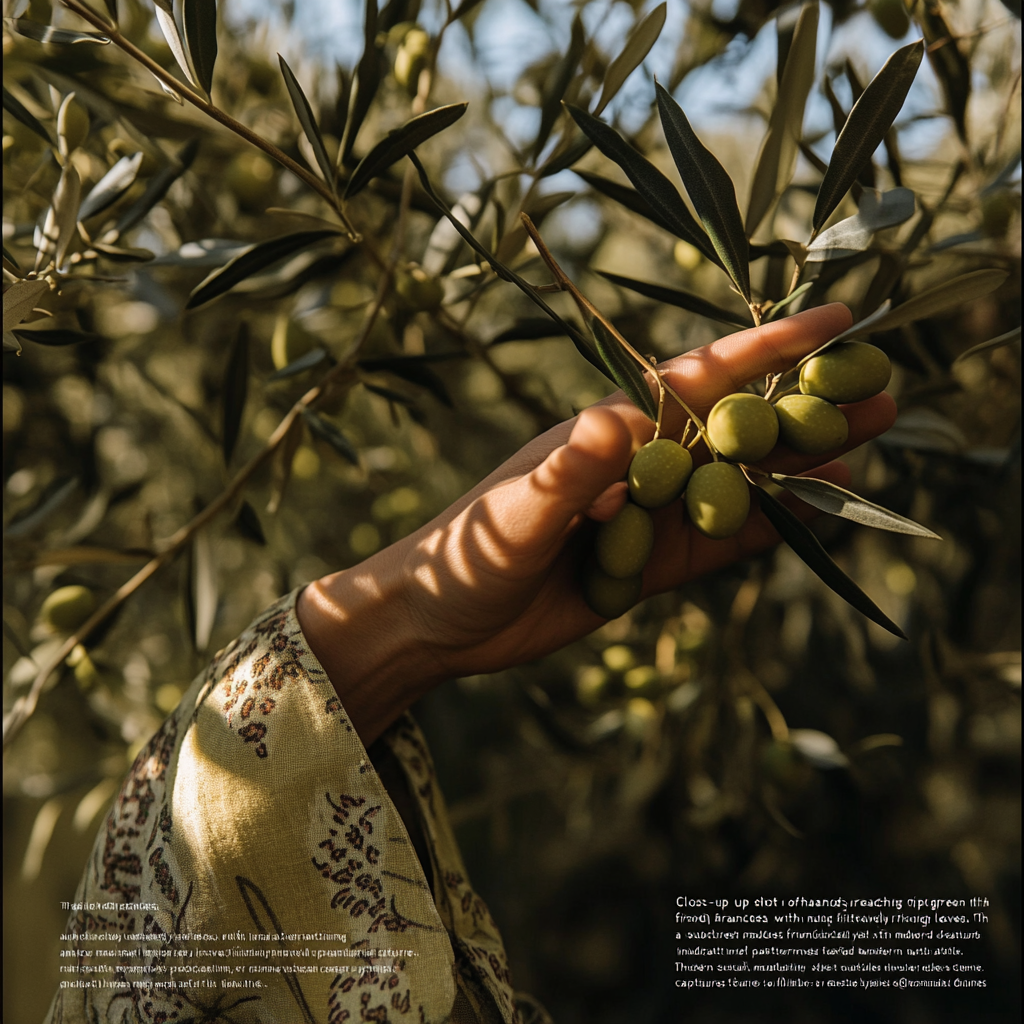 Hands picking green olives with Iranian sleeves