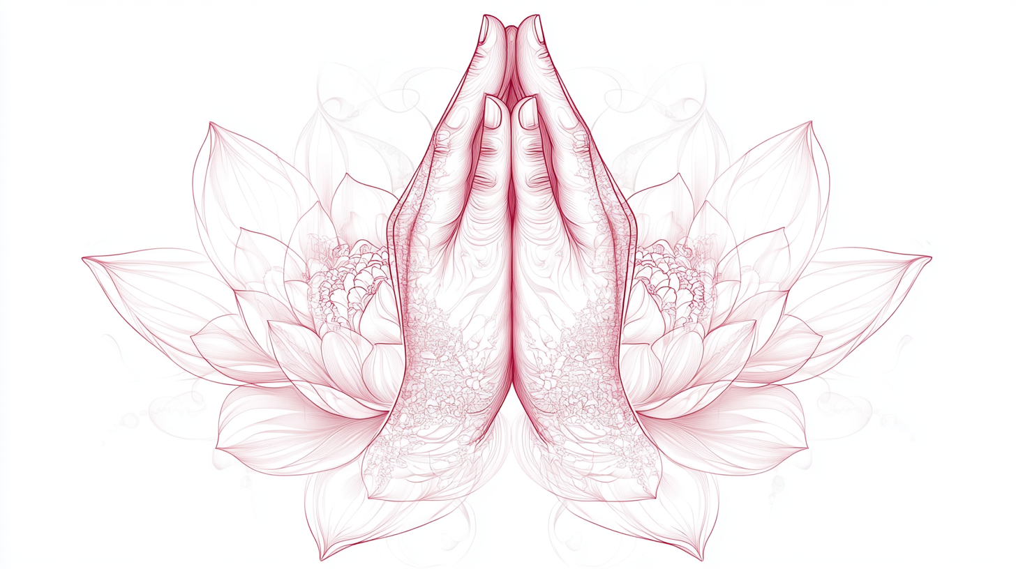 Hands praying with lotus flowers in soft colors