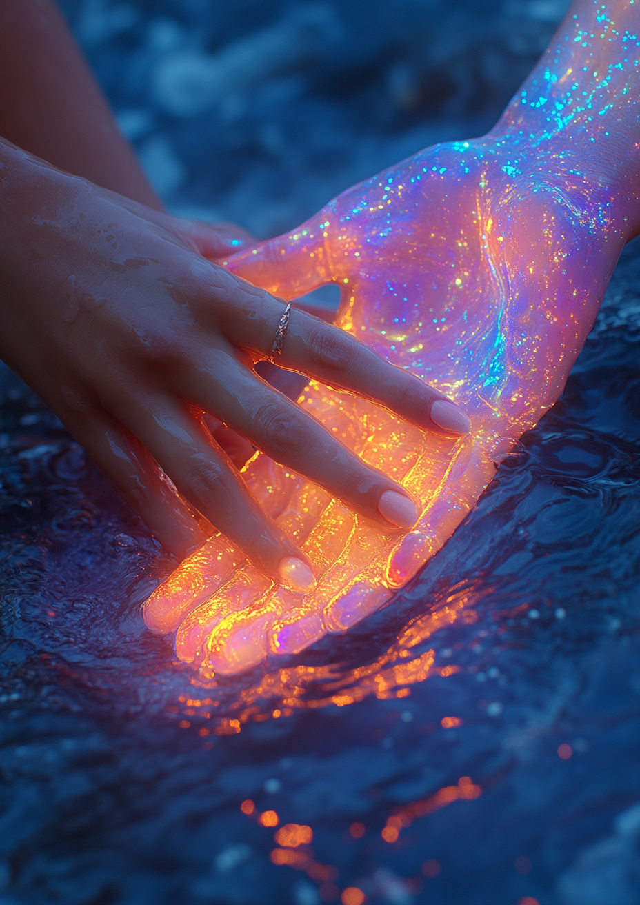 Hands reaching for each other on the beach.