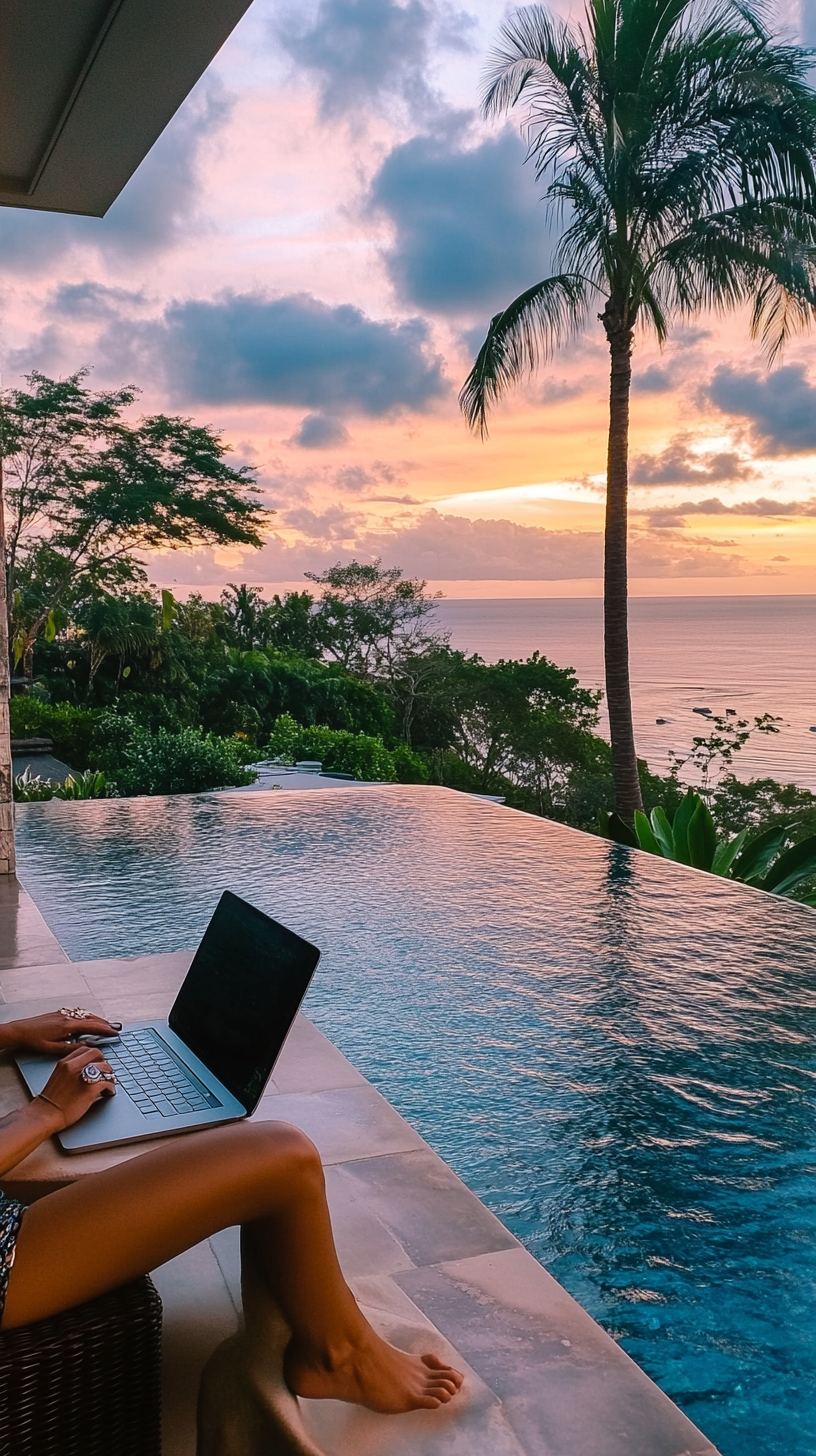 Hands typing on laptop by pool at resort