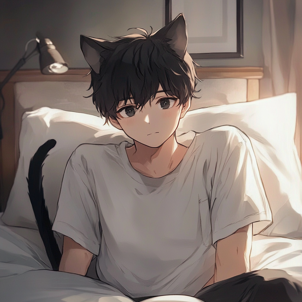 Handsome Catboy Hugging Pillow in Detailed Bedroom.