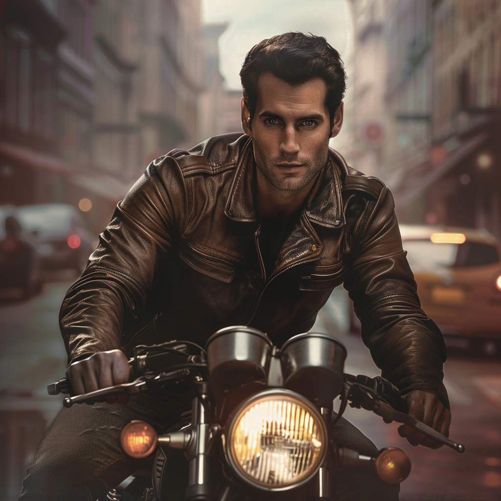 Handsome Man on Motorcycle in Cityscape