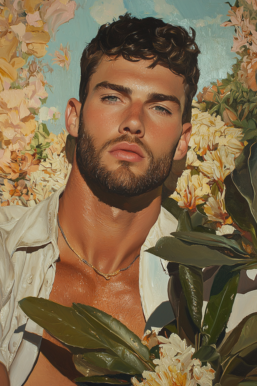 Handsome Men in Photorealistic Oil Painting Landscape