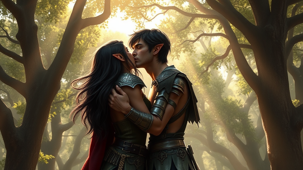 Handsome elf warrior kisses female elf in forest.