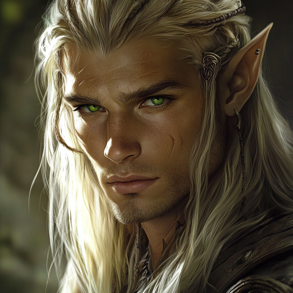 Handsome elven man with shocking green eyes and blondehair.