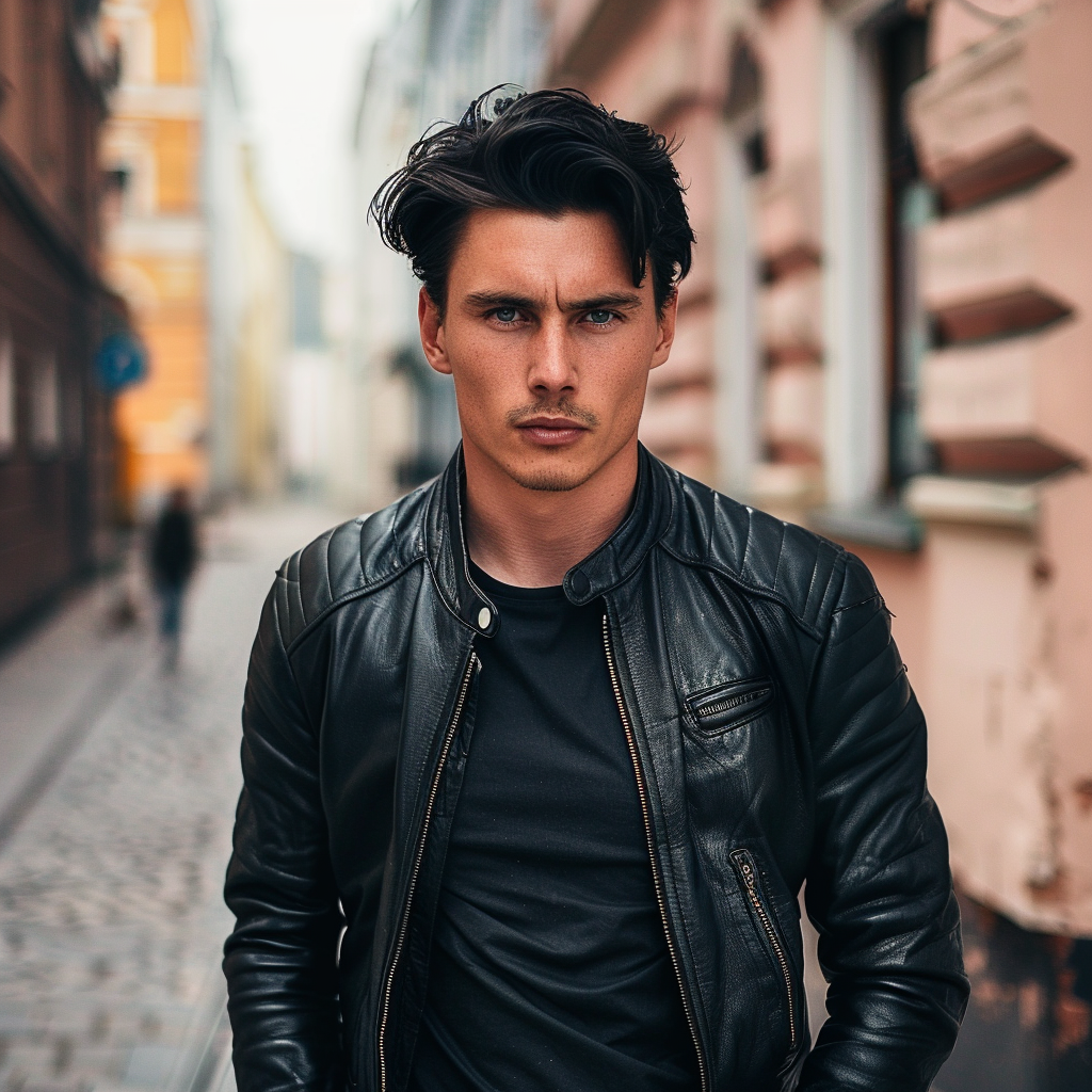 Handsome man in black, standing on street corner