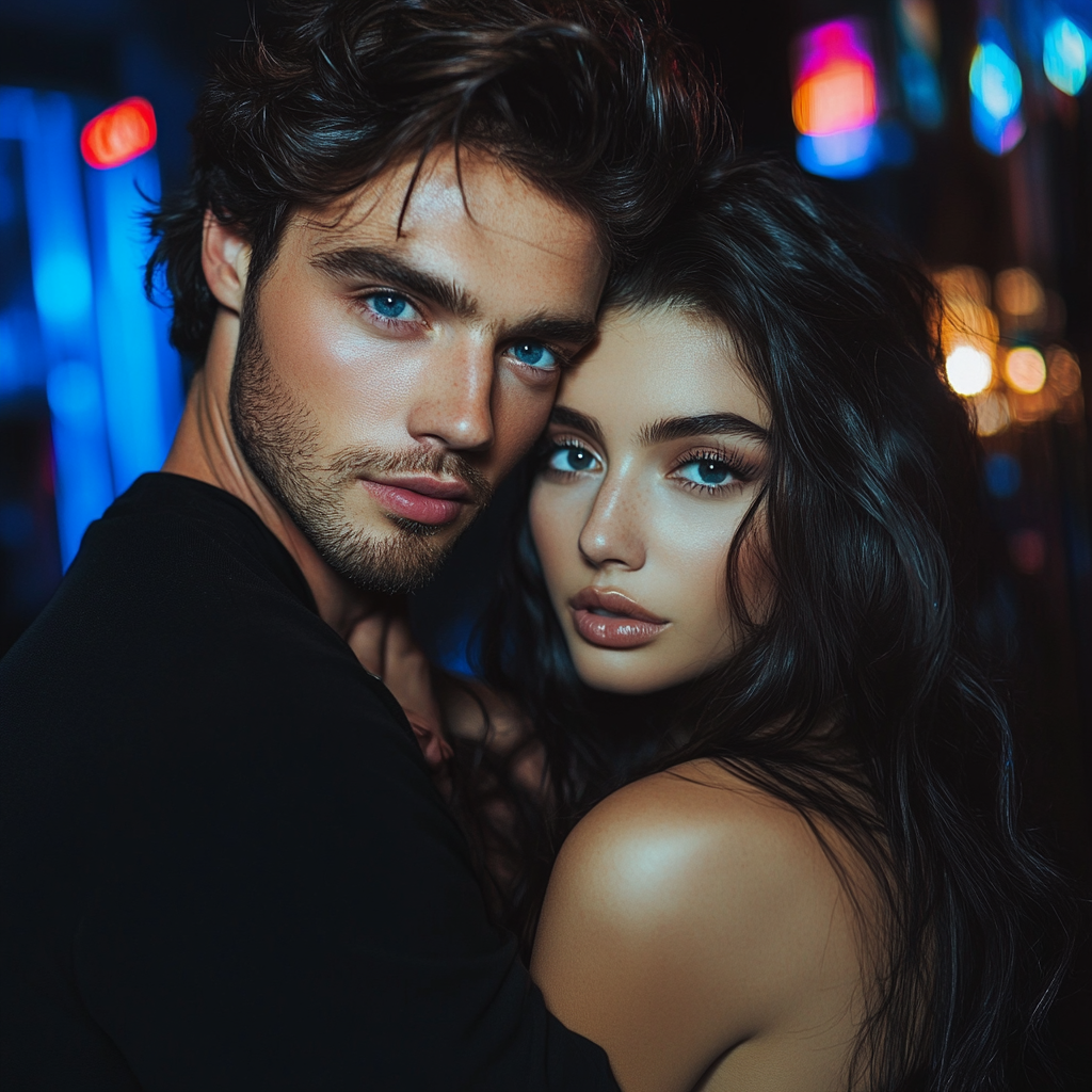 Handsome man with blue eyes hugs girl