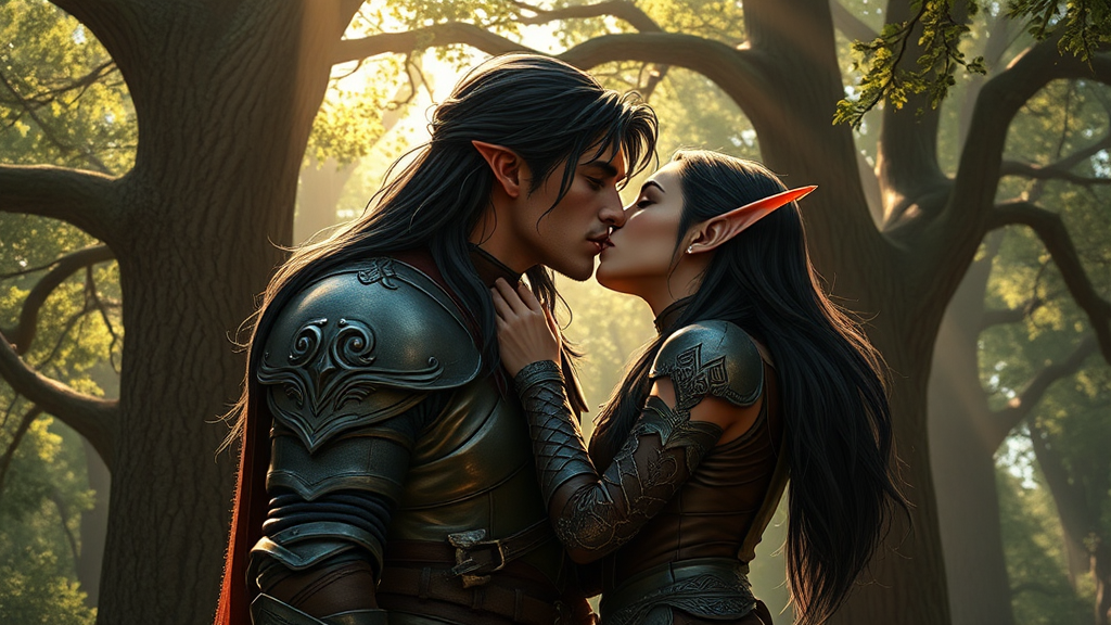 Handsome warrior elf passionately kissing female elf