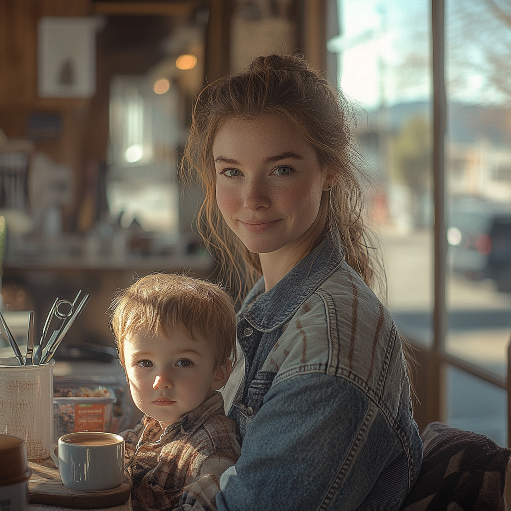 Happy 26-year-old woman in hair salon with child, scissors, tea, town, Canon EOS R camera, 50mm f/1.8 lens, f/2.2 aperture, shutter speed 1/200s, ISO 100.