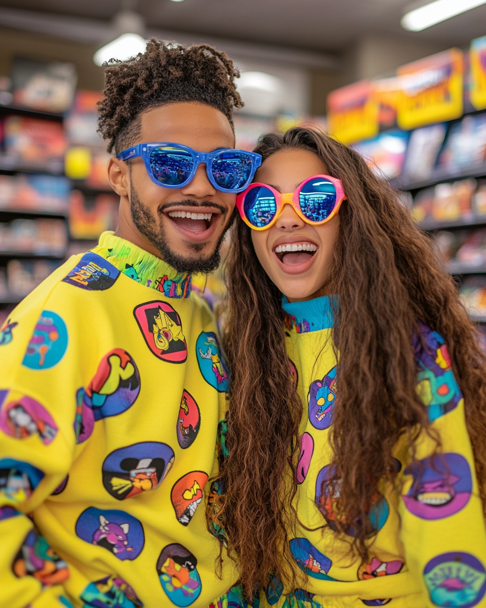 Happy 90s Couple in Neon Jumpers at Blockbuster