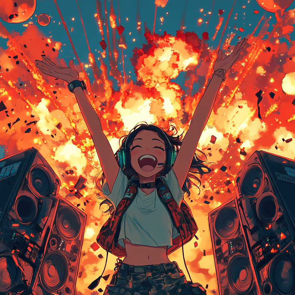 Happy Asian girl in detailed EDM album cover