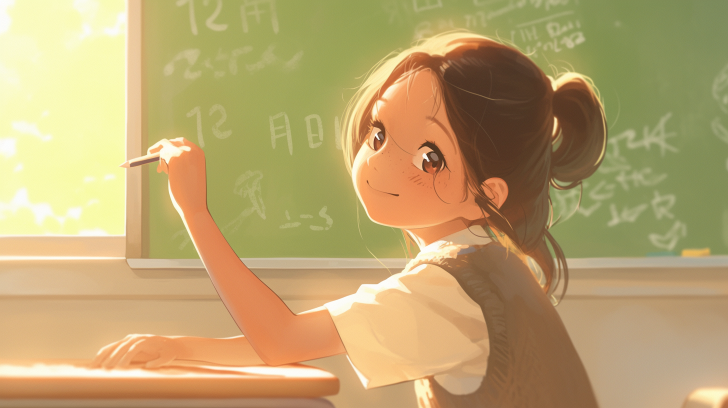 Happy Asian girl solving math problems on chalkboard.