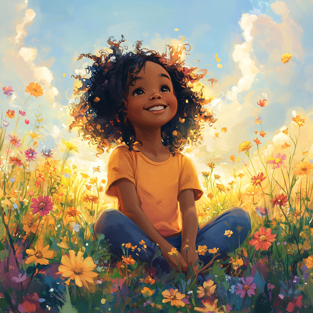 Happy Black child in flower field under colorful sky