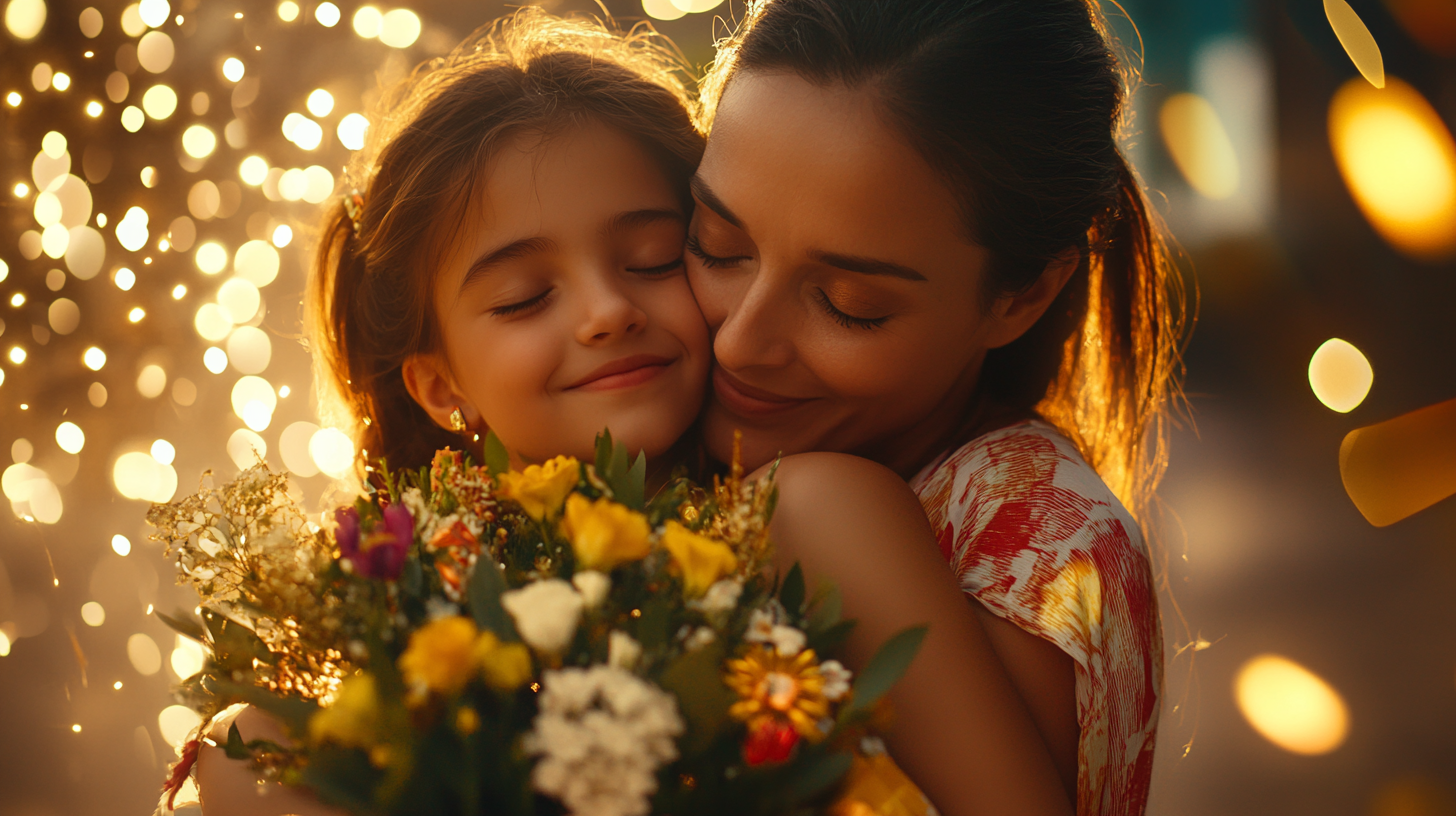 Happy Brazilian mother and daughter embrace with flowers