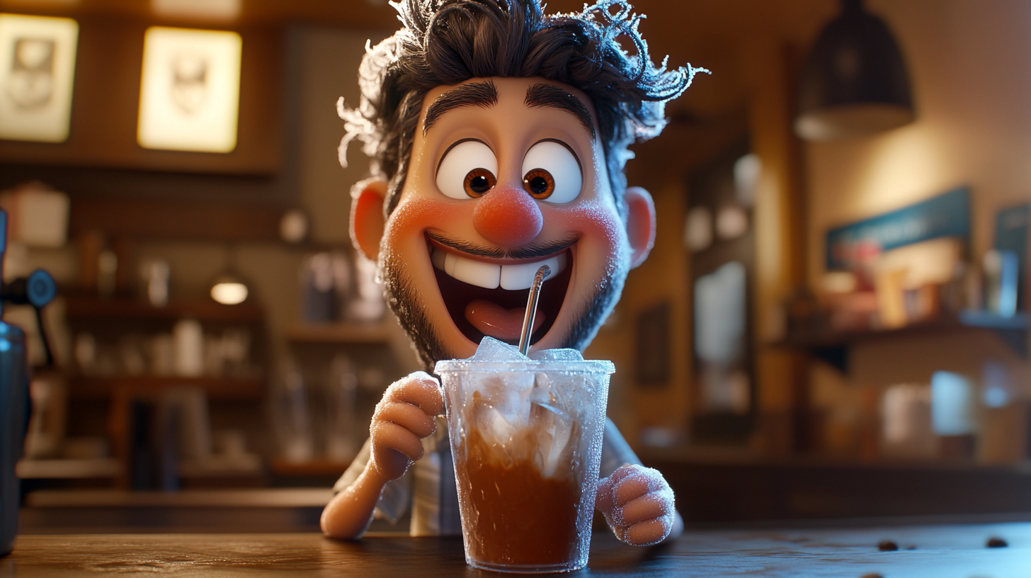 Happy Character Enjoying Iced Americano Drink