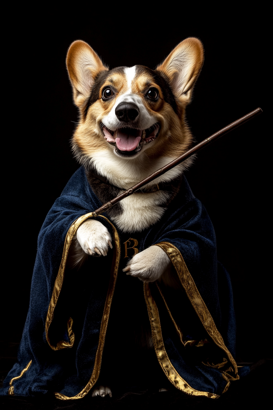 Happy Corgi in Ravenclaw Costume Casting Spell