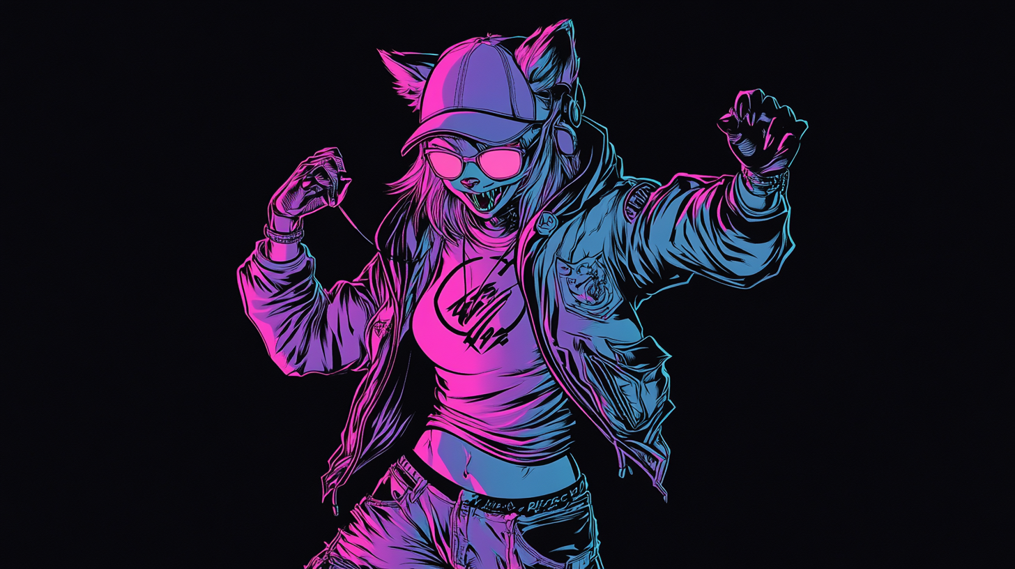 Happy Dancing Teenage Tiger in Cyberpunk Neon Colors