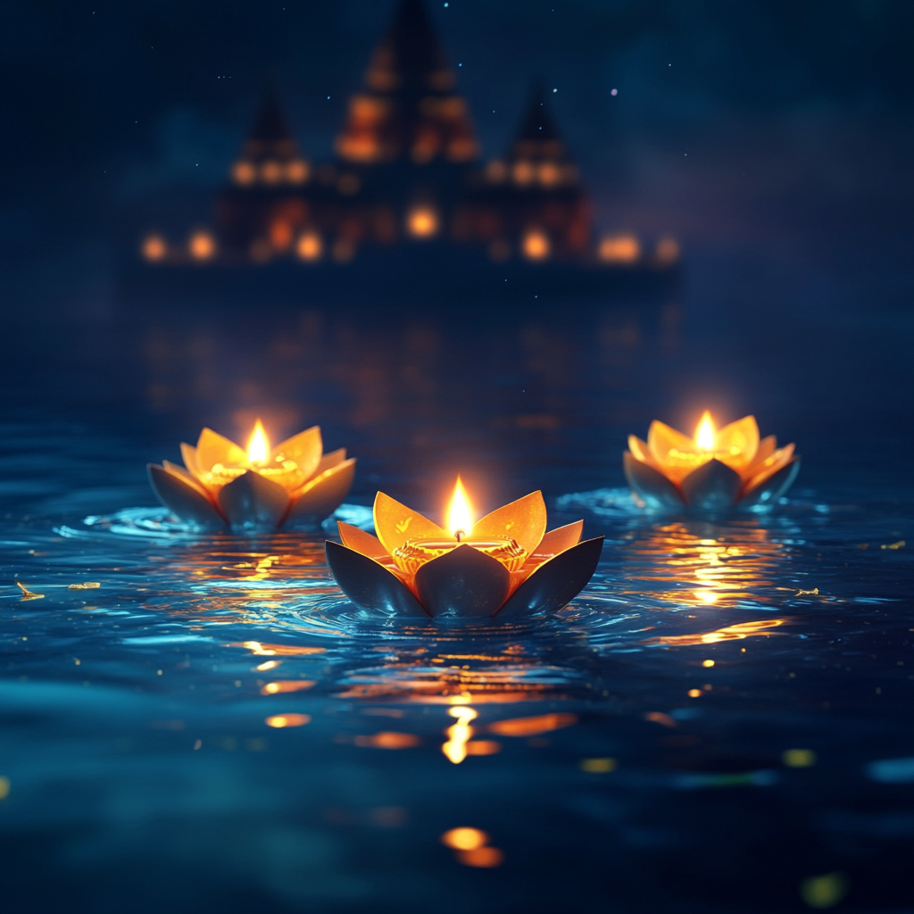 Happy Diwali Banner with Glowing Lotus Diyas