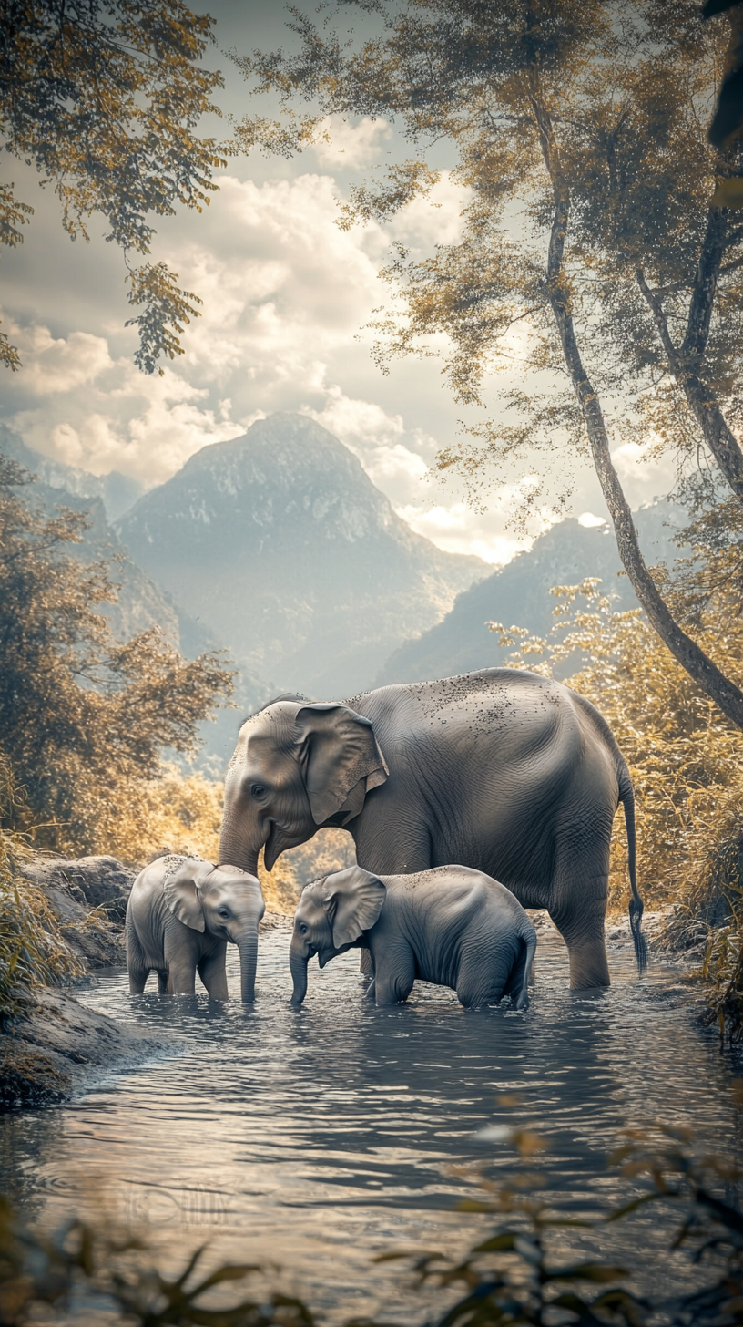 Happy Elephant Family Playing in Wild Lake