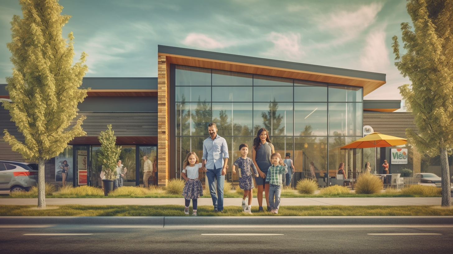 Happy Family Admiring Green, Modern Commercial Building