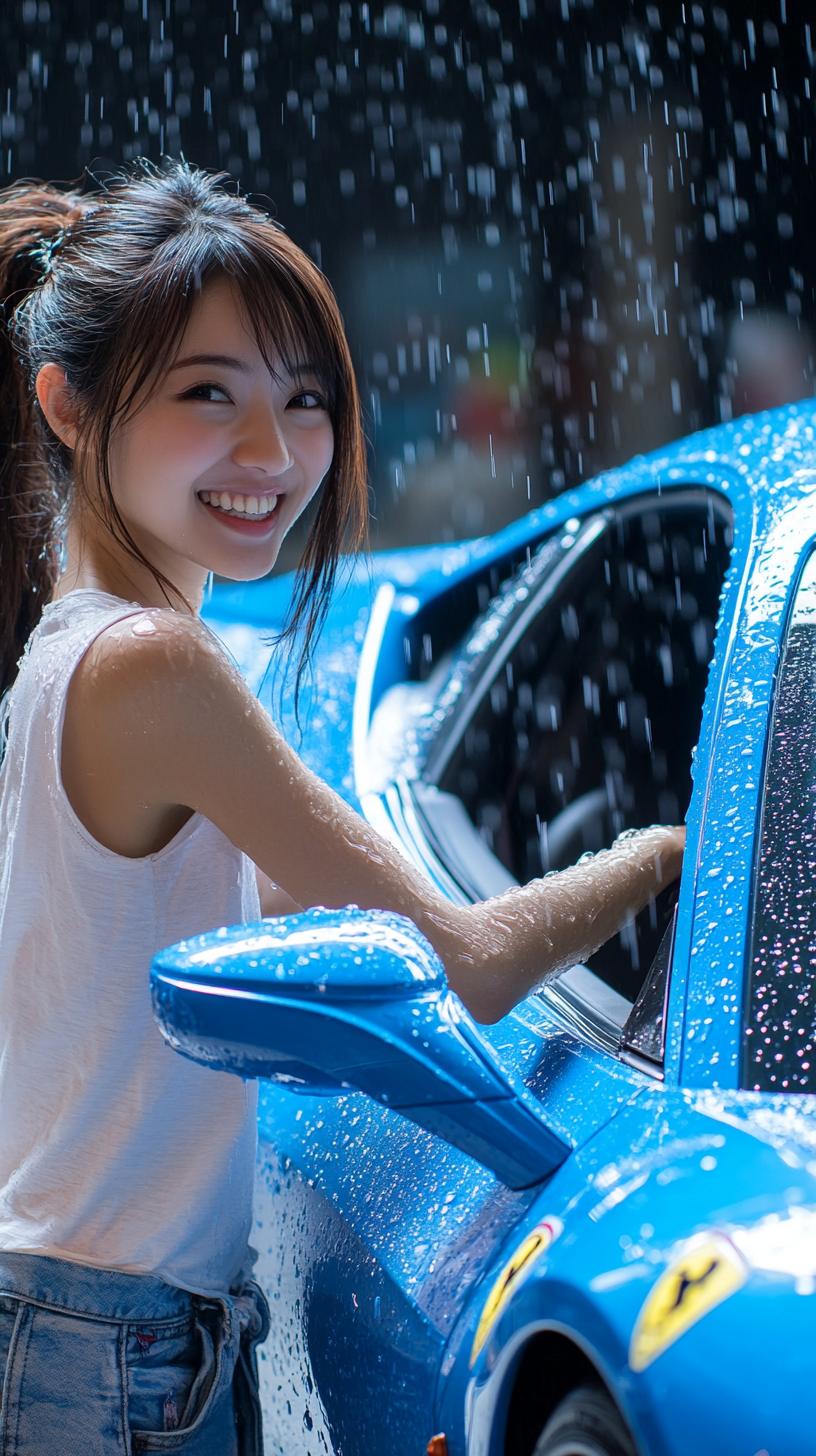 Happy Girl Cleaning Blue Ferrari with Sparkling Water