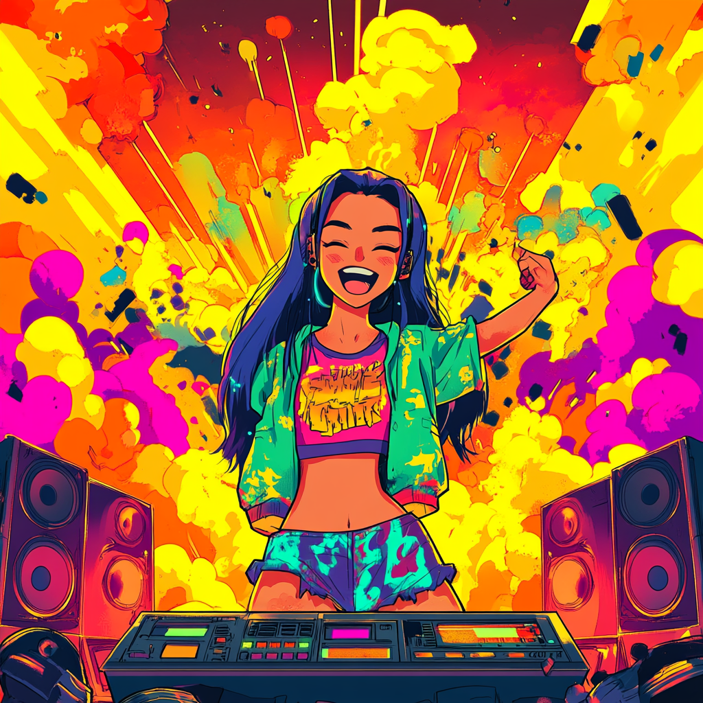 Happy Girl in Asian Cartoon Style EDM Album