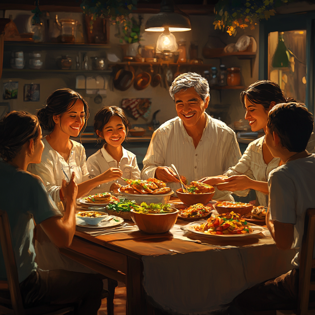 Happy Guatemalan Family's Joyful Dinner Time Together