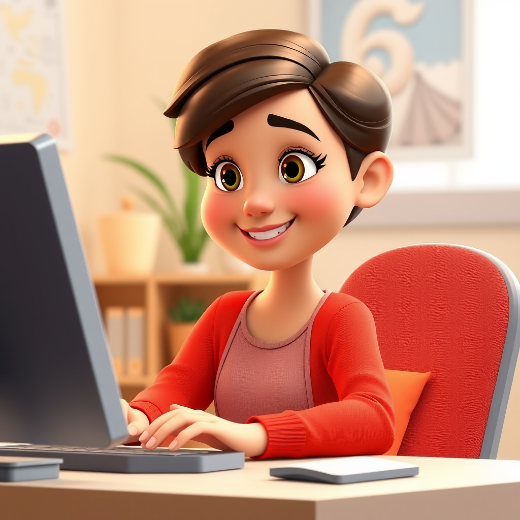 Happy Hispanic woman working on computer, vibrant colors.