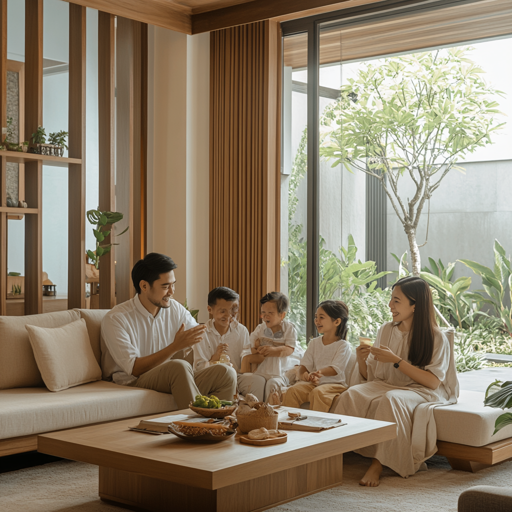 Happy Indonesian family talking in modern living room.