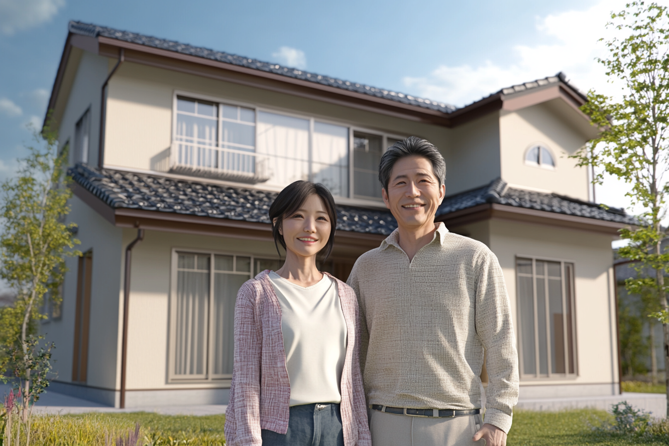 Happy Japanese couple in front of new home