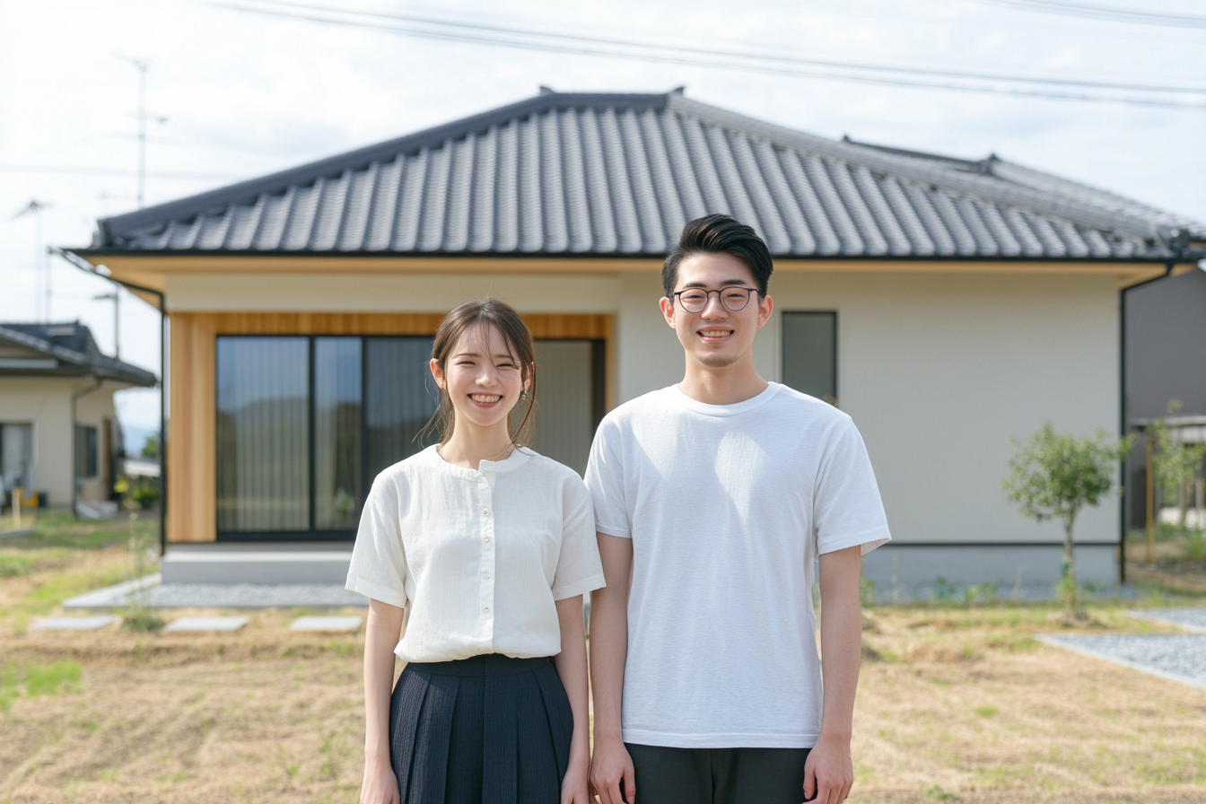 Happy Japanese couple in front of their new house