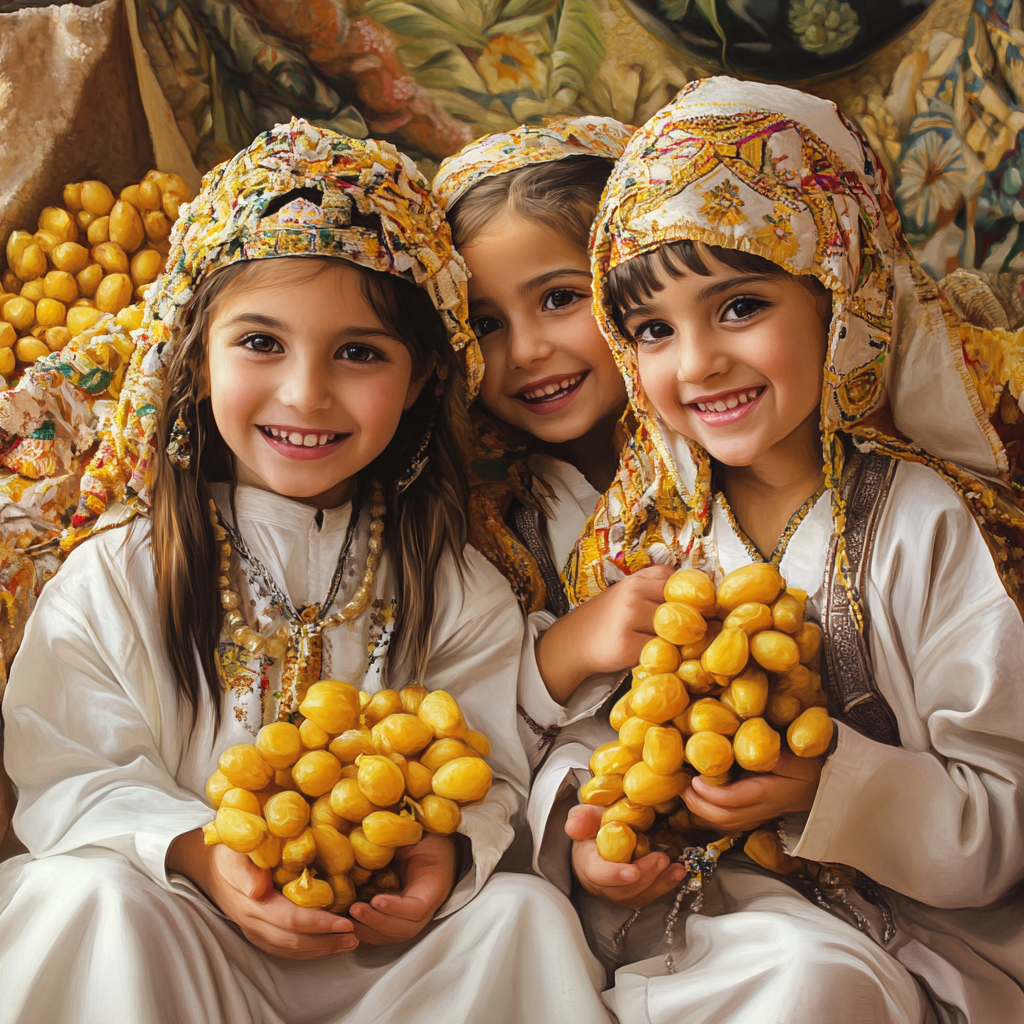 Happy Omani Kids Playing with Yellow Dates