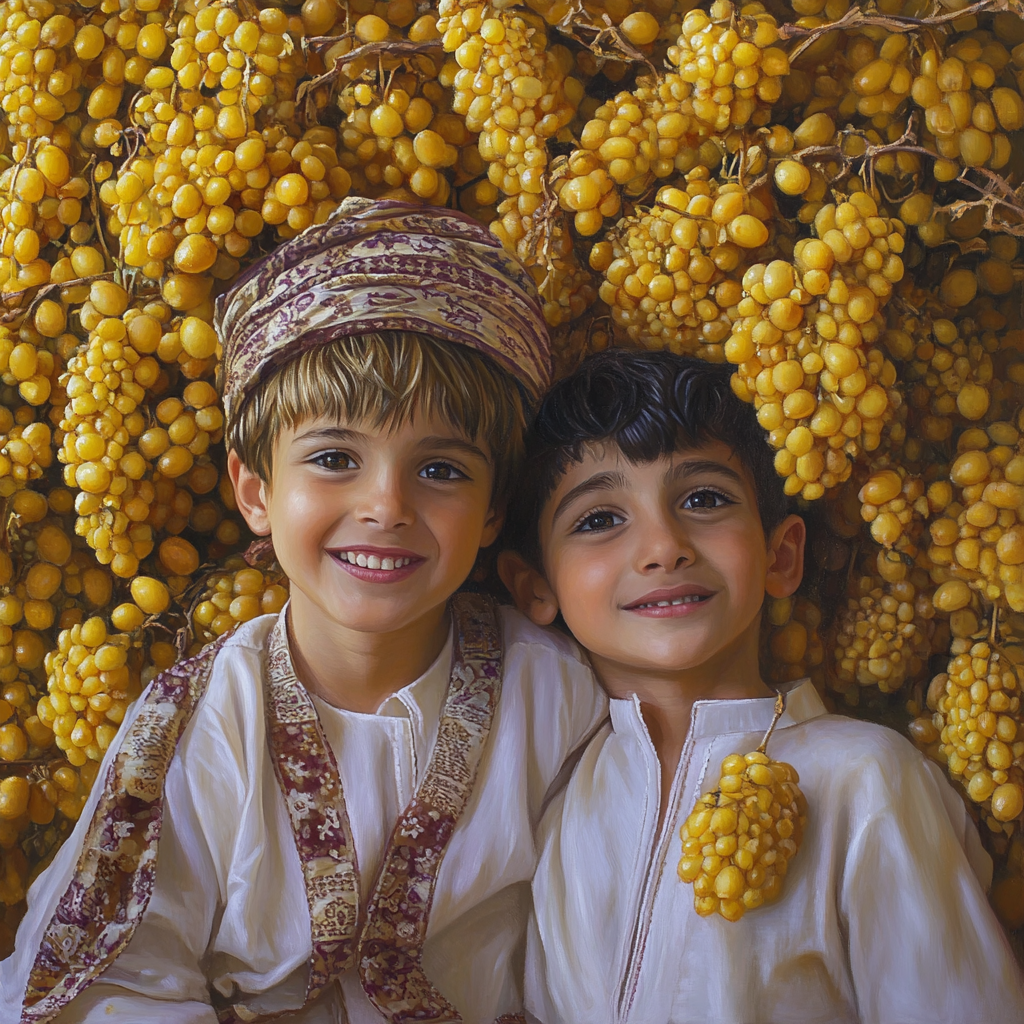 Happy Omani children play near yellow dates.