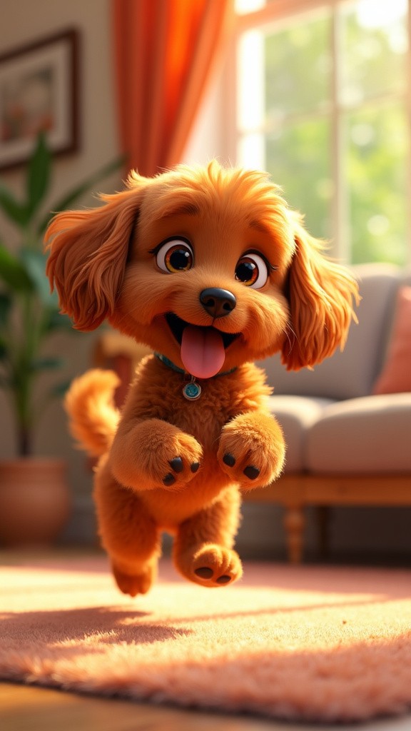 Happy Red Cavapoo in Pixar-style animation