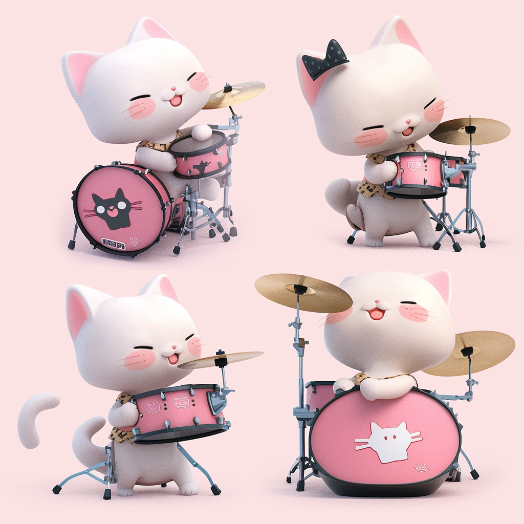 Happy Rockstar Drummer Cat Plushie in Dynamic Pose