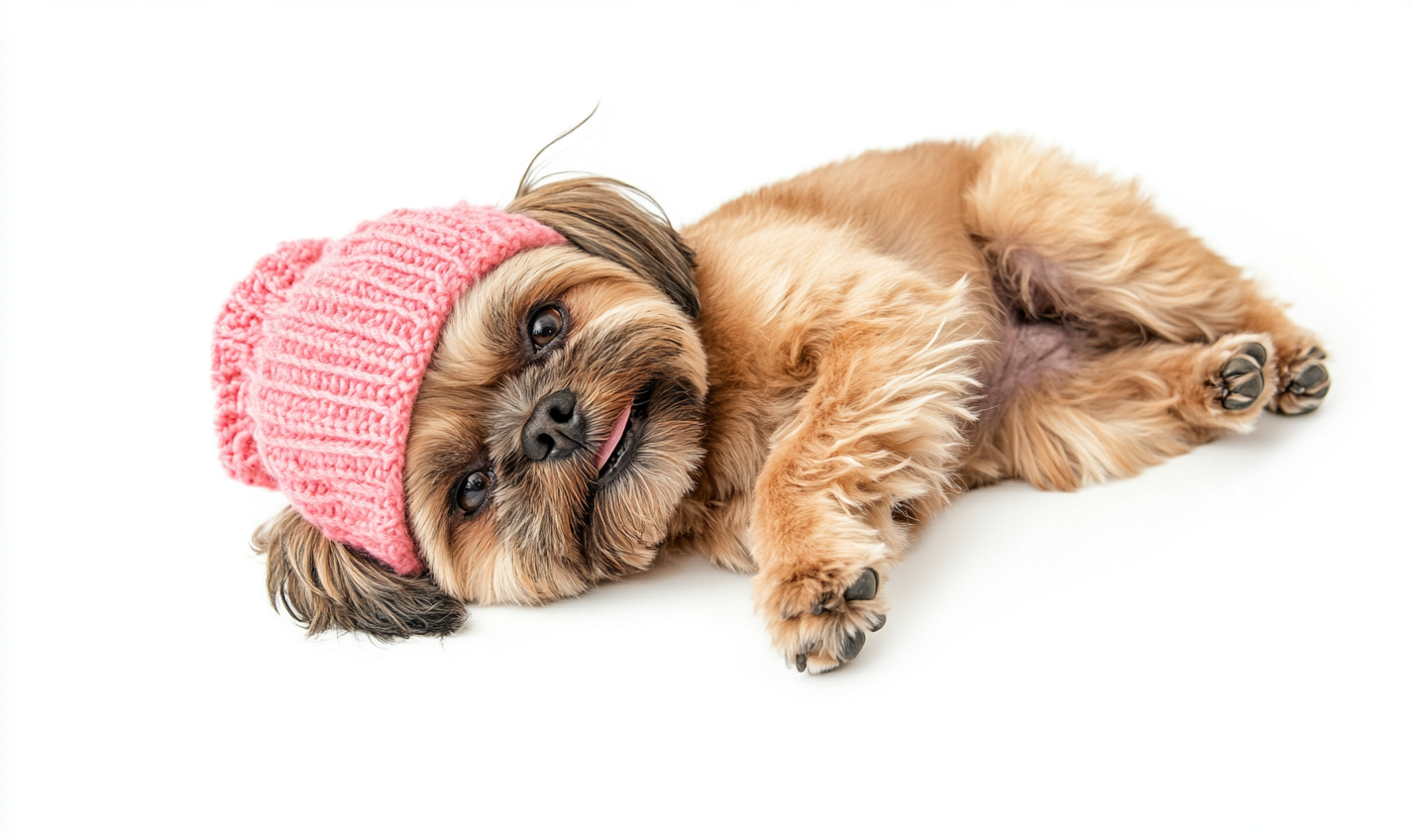 Happy Shih-tzu dog wearing pink beanie, lying down