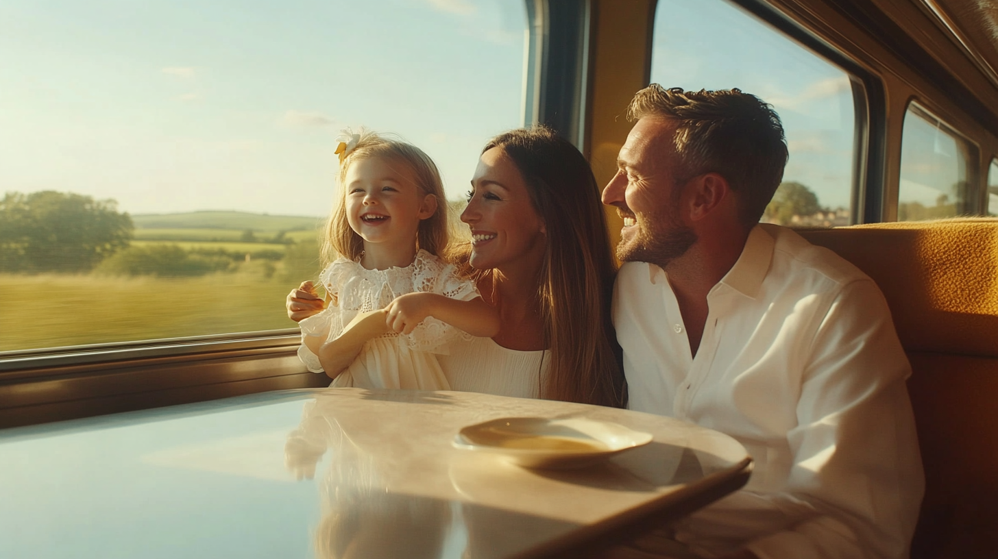 Happy UK family on train watching countryside