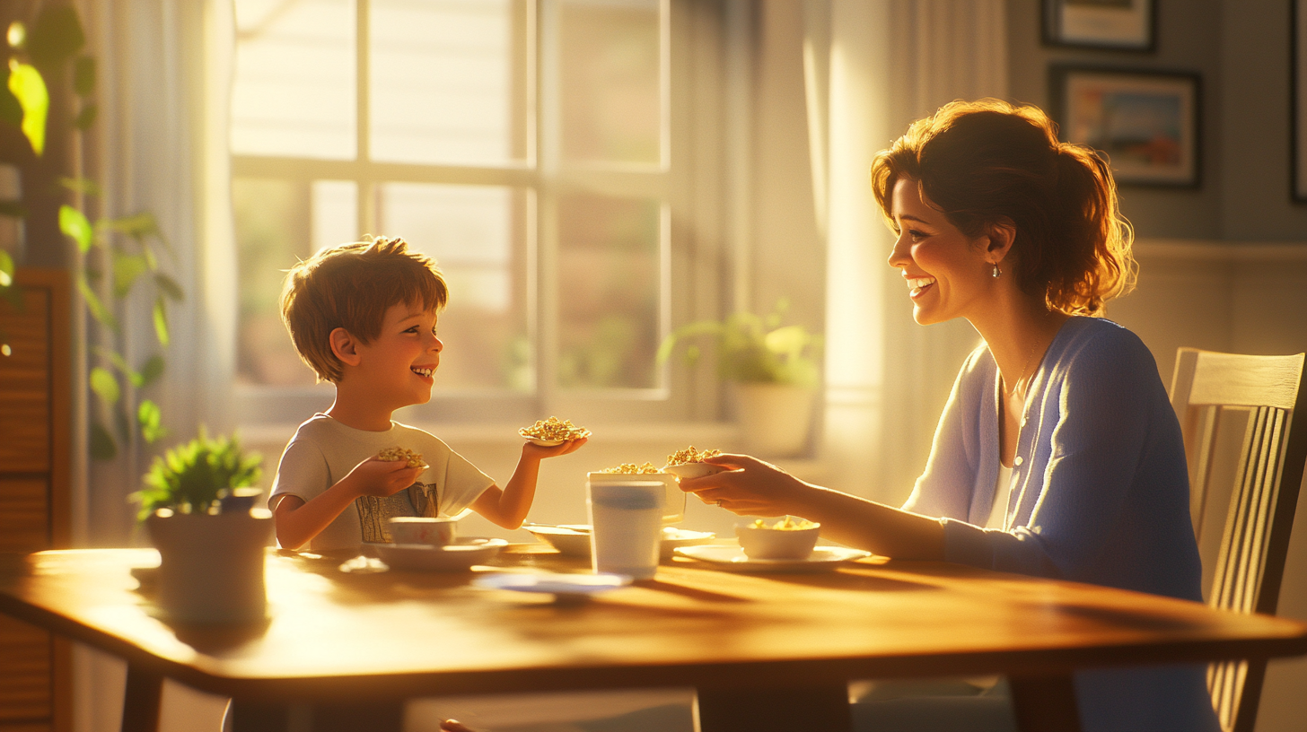 Happy Woman and Son Eating Cereal for Breakfast