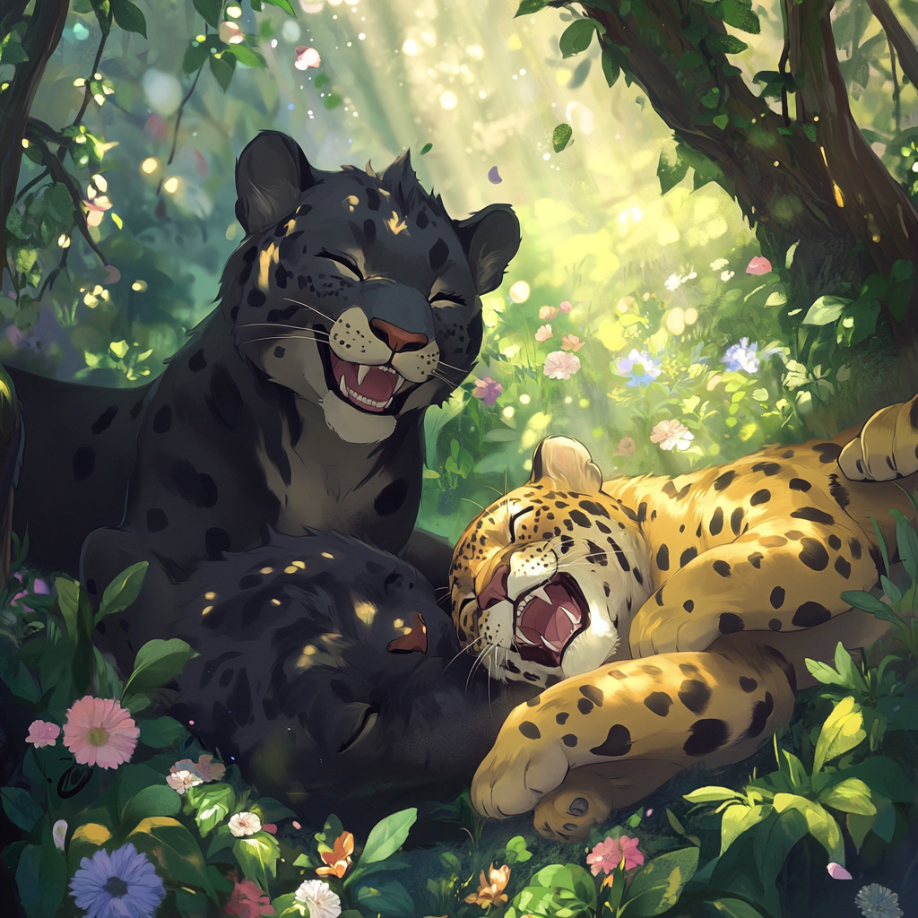 Happy black jaguar and lion in the forest