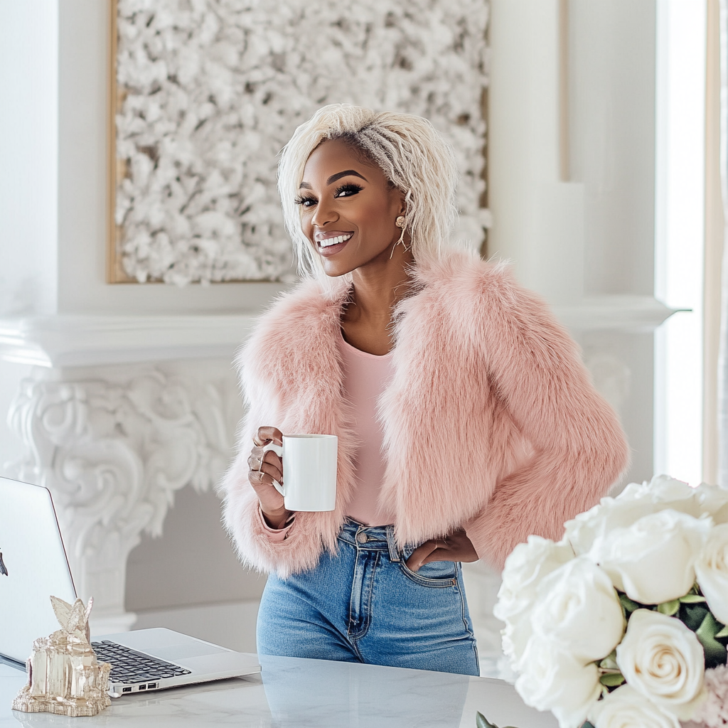 Happy black woman in luxury home office.