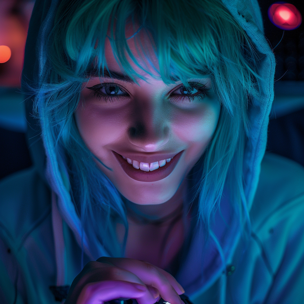 Happy blue-haired woman in hoodie with Xbox controller.