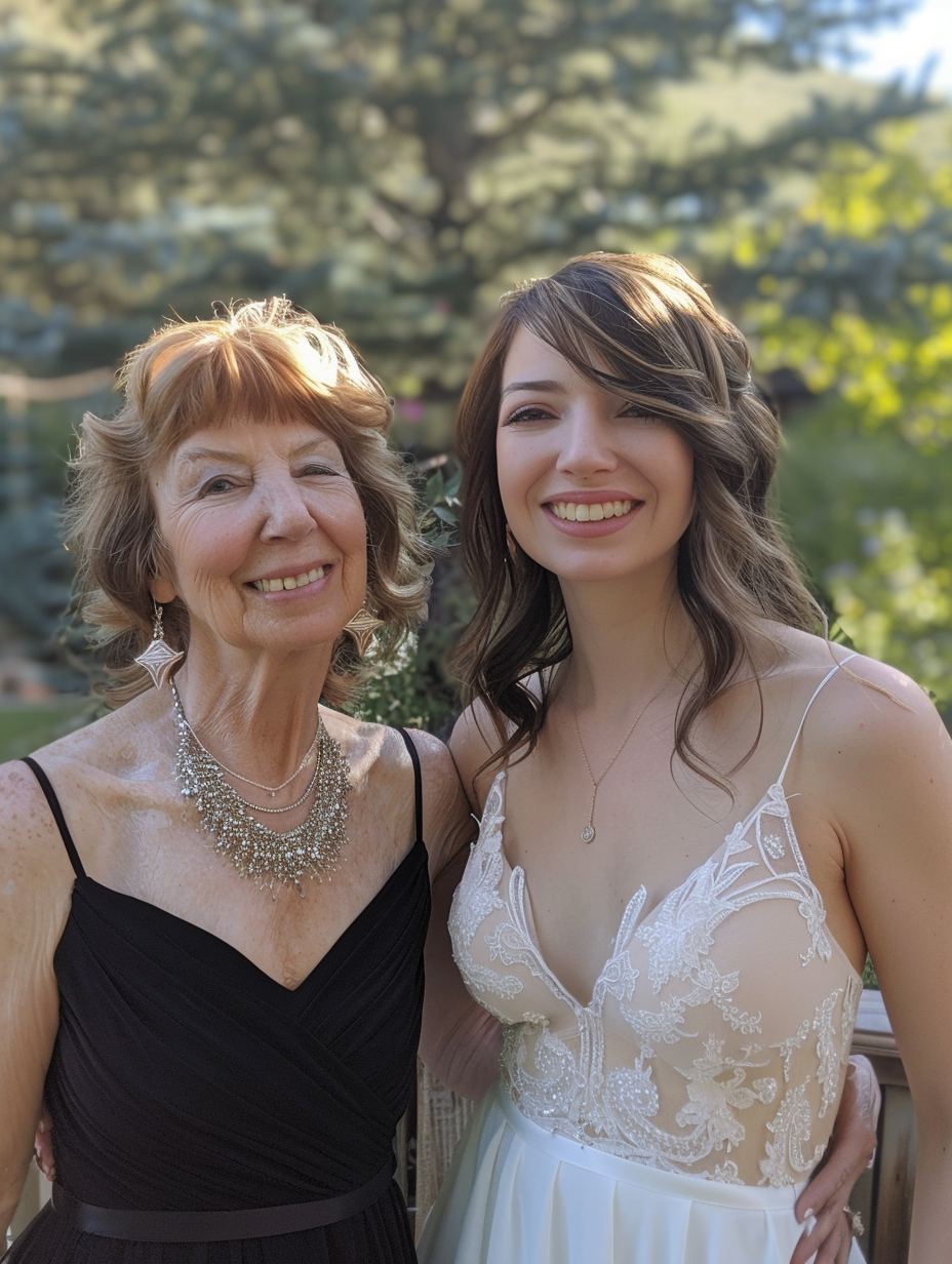 Happy bride and mom outside in wedding attire