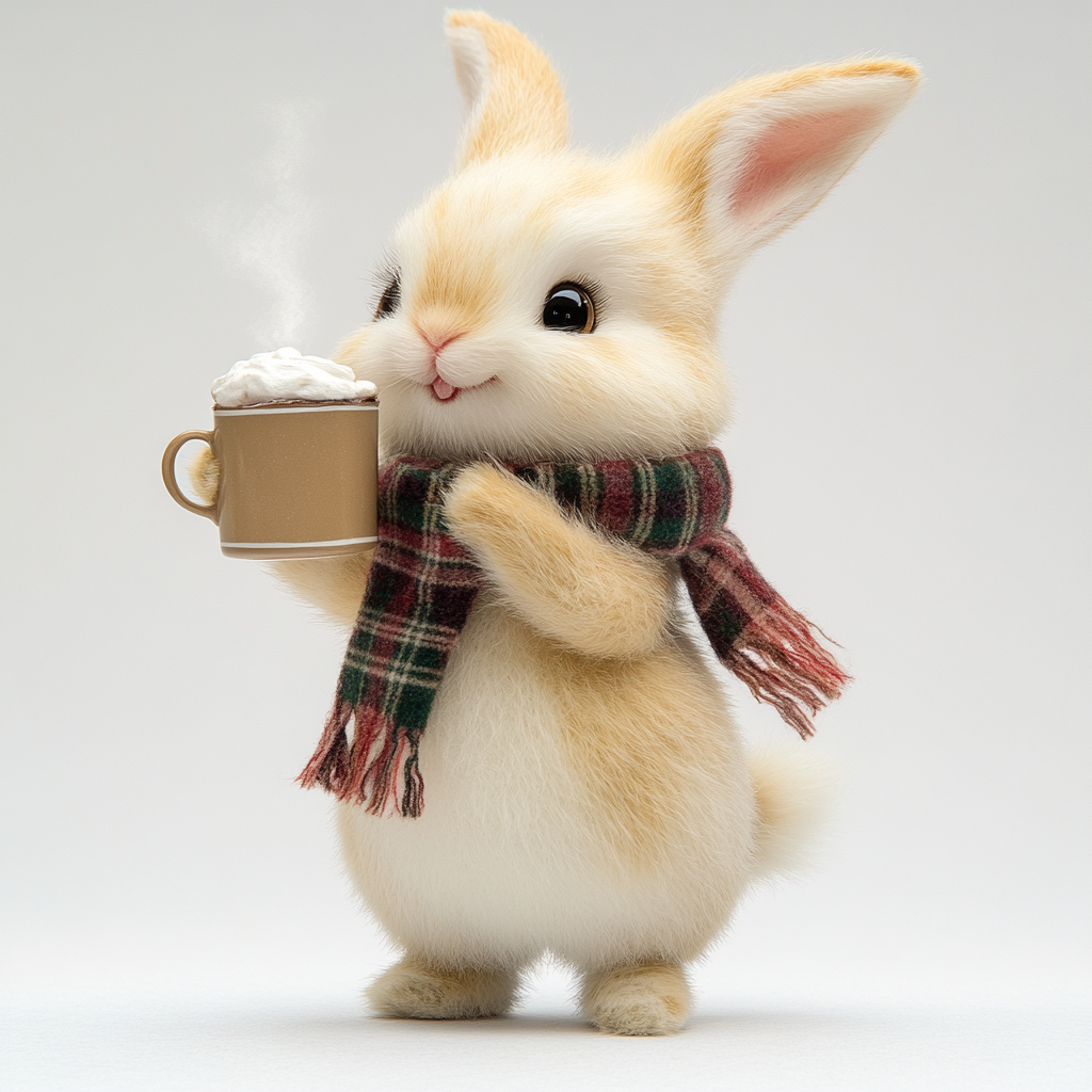 Happy bunny drinking hot chocolate in plaid scarf