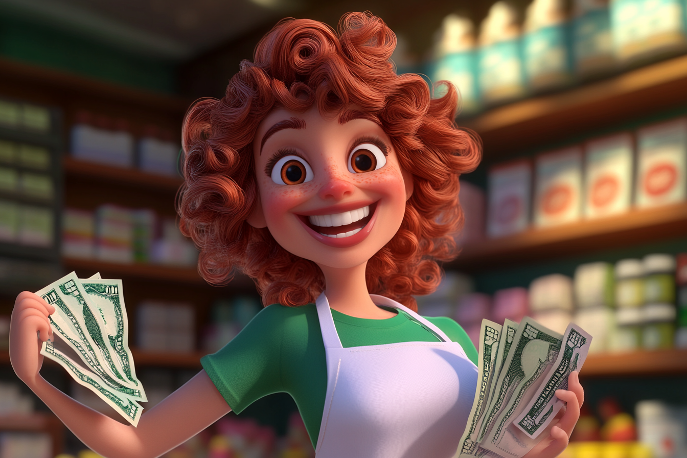 Happy cartoon lady with red hair, money, products